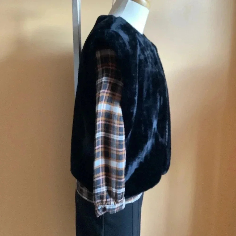 VINTAGE Black Faux Fur Cropped Vest Collarless Open Front Plush Waistcoat XL - Picture 6 of 13